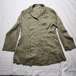 Soft Surroundings Womens Small Linen Island Breeze Button Front Tunic Top Green